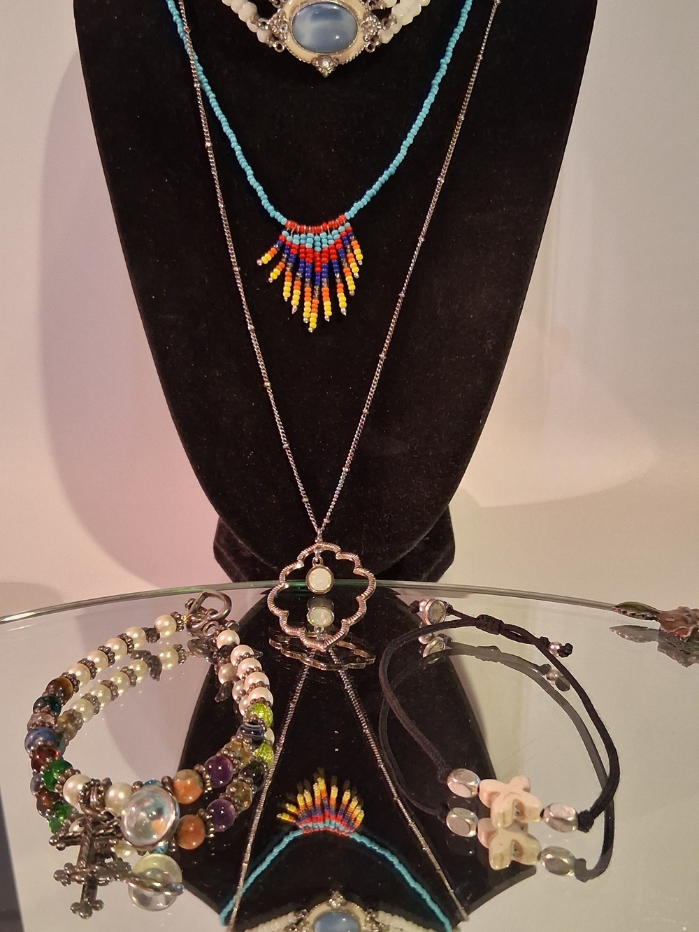 Turquoise Beaded Necklace with Multicolor Fringe - Unbranded
